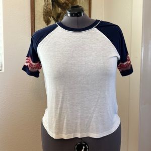 Torrid Ivory & Navy Slub Embroidered Midi Raglan Tee Plus Top